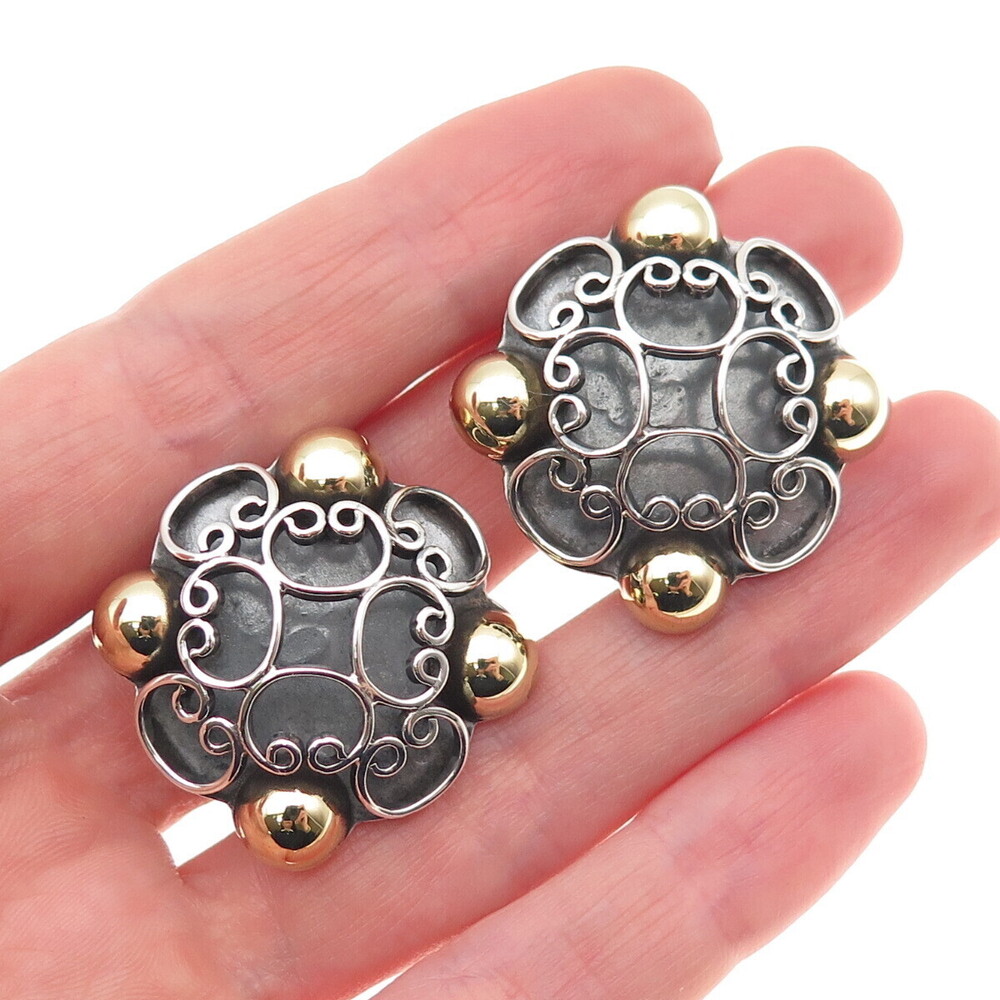 925 Sterling 2-Tone Vintage Mexico Floral Ornate Oxidized Clip On Earrings